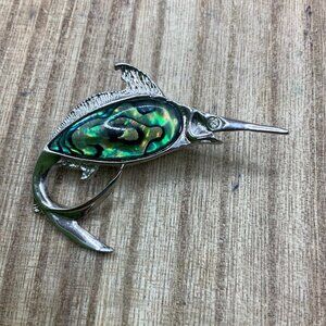 Swordfish  Vintage Style Silver Tone Abstract Stone Brooch